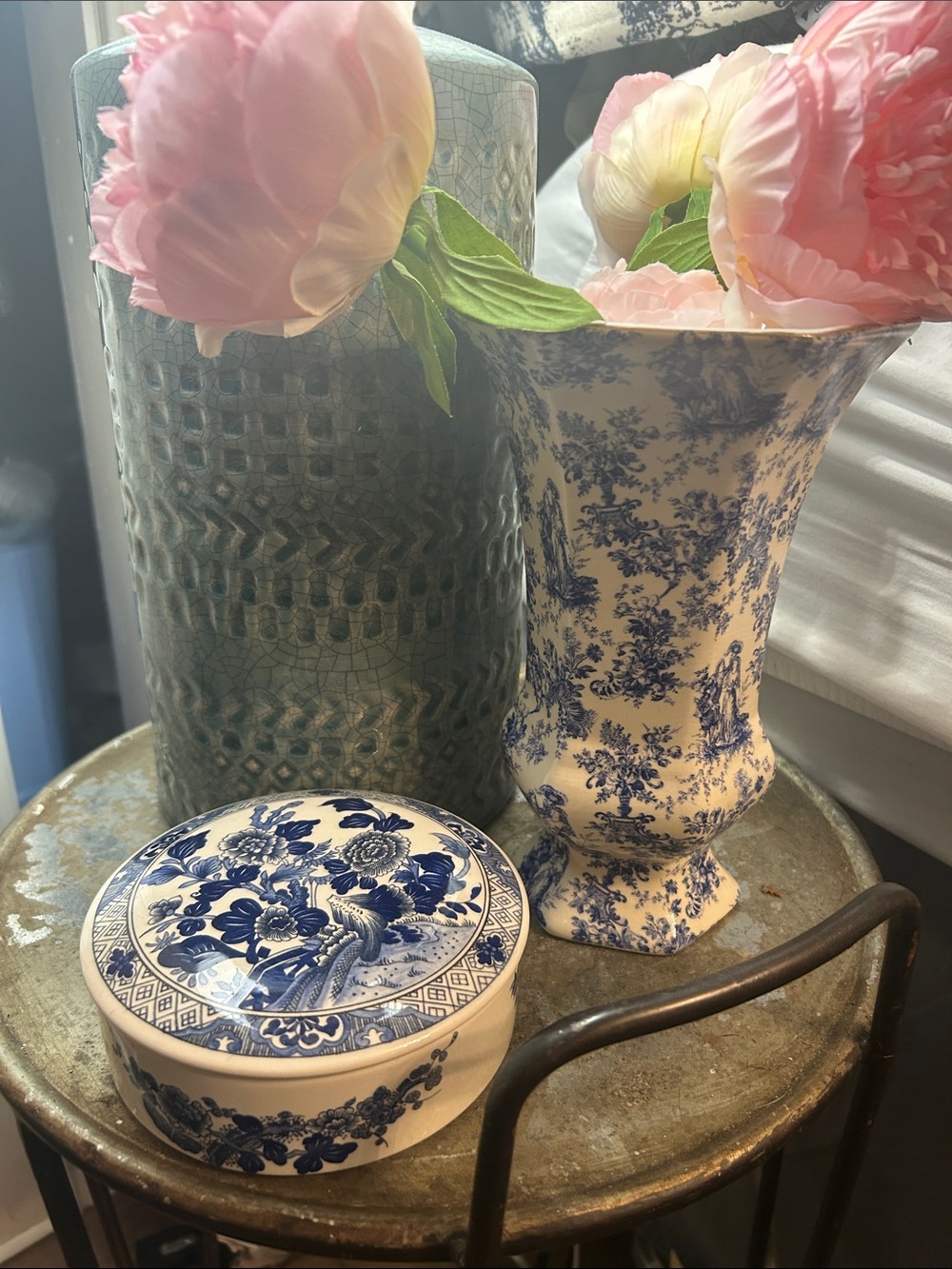 Rare Tiffany & Co. "Peony" Blue and White Porcelain Trinket Box with Lid & vase